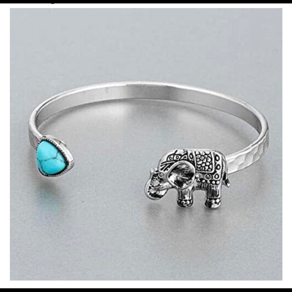 Silver Finish Style Elephant Turquoise Accent 2pc